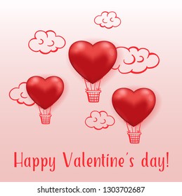 Saint Valentine's day greeting card with red air balloon hearts on a pink background.  Vector illustration.