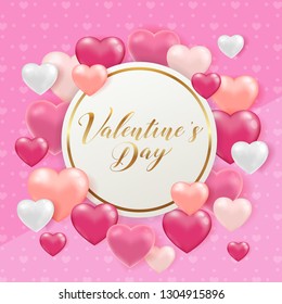 Saint Valentine's day greeting card with pink and white hearts. Holiday background with golden round frame and lettering. Vector illustration.