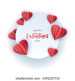 Saint Valentine's day greeting card with red paper cut hearts on a white background. Round frame with hand lettering. Vector illustration