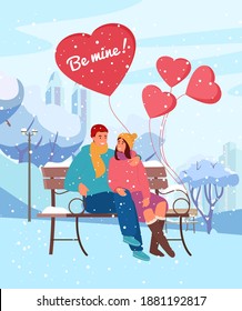 Saint Valentine's Day Greeting Card Vector Design. Illustration Of Couple In Love Sitting In Winter Park On Snowy Bench With Heart Shaped Balloons Under Snowfall. 