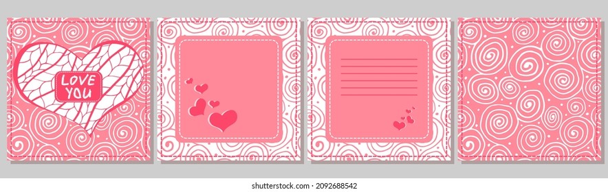 Saint valentine's day greeting card ready design. Square front, back, inside template with heart, frame, place for text, phrase Love You, swirl pattern. Romantic pink and white doodle zenart bundle