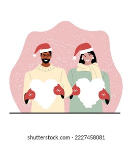 Saint Valentines Day Greeting Card Vector Design. A couple in Santa Claus hats holds hearts of snow in their hands Under Snowfall.