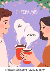 Saint Valentine's day greeting card design. Romantic postcard for 14 February holiday, happy enamored couple with coffee cups, man confessing love, fondness, Be Mine phrase. Flat vector illustration