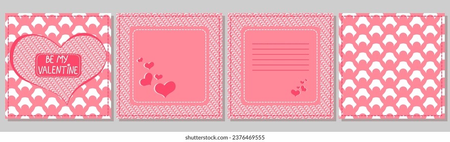 Saint Valentine's day greeting card ready design. Square front, back, inside template with heart, frame, place for text, phrase Be My Valentine. Cute pink and white doodle fill-in pattern shape bundle
