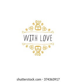 Saint Valentines day greeting card.  With love. Typographic banner with doodle heart shaped chocolate candies. Vector handdrawn badge.