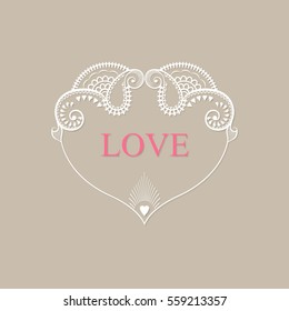 Saint Valentines day greeting card. White ornamental heart and pink text Love with shadow on a beige background. Vector illustration.