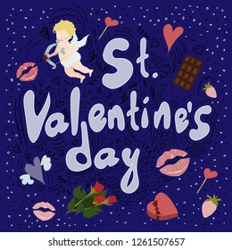 Saint Valentine's day hand drawn illustration for postcard. Saint Valentine's day set. Doodle slyle. Amour in pants with bow and arrow.