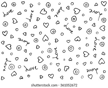 Saint Valentine's Day hand drawn doodle pattern with hearts circles and lettering