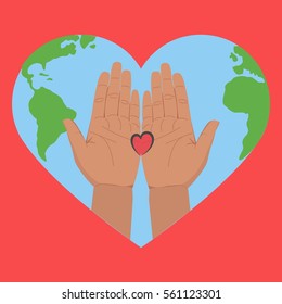Saint Valentine's Day. Hands holding heart upon heart-shaped earth. Concept of love and friendship. Flat vector stock illustration