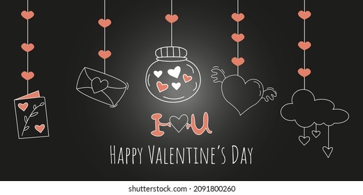 Saint Valentine's day holiday background with love design elements. Vector doodle illustration isolated on black background