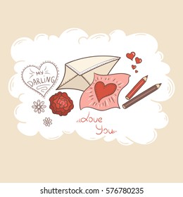 Saint Valentines Day holiday vector cartoon design set. Love letter and flowers