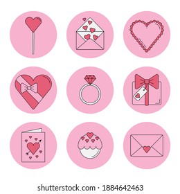 Saint Valentines Day icon set. Romantic proposal. Happy love, anniversary concept. Be mine valentine. Vector illustration isolated on white background. Flat design elements.