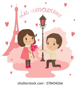 Saint Valentine's Day illustration. A man gives flowers to a woman close to Eiffel tower and street light. Text in French "The lovers".  Eps 10