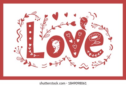 Saint Valentines Day illustration. Postcard with lettering. Love. 14 febryary.