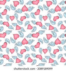 El día de San Valentín es irregular, sin fisuras. Corazón alado repite textura interminable al azar. Romántico telón de fondo sin límites del día de San Valentín. Diseño de superficie dulce para tarjetas de felicitación, envoltura de regalo, recuerdos.