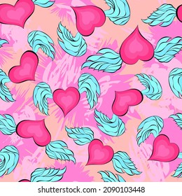 Sankt Valentins Tag unregelmäßiger nahtloser Muster. Flügeliges Herz und Blobs Zufallswiederholung endlose Textur. Romantischer Valentinstag grenzenloser Hintergrund. Oberflächendesign für Grußkarten oder Geschenkpapier.