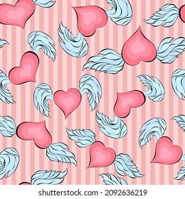 Saint Valentine's day irregular seamless pattern. Winged heart toss repeat endless texture. Pretty Valentine day boundless background. Cute striped surface design for greeting card or gift paper. 
