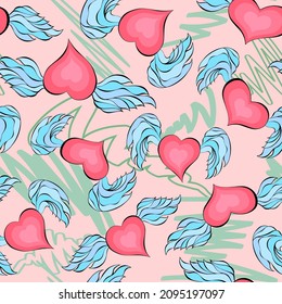 El día de San Valentín es irregular, sin fisuras. El corazón alado y las manchas repiten aleatoriamente una textura interminable. Romántico telón de fondo sin límites del día de San Valentín. Diseño de superficie para cuaderno o papel de regalo.