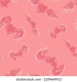 Saint Valentine's day irregular seamless pattern. Winged heart pastel pink silhouette endless texture. Romantic Valentine day boundless background. Cute doodle surface design for textile or flyer.