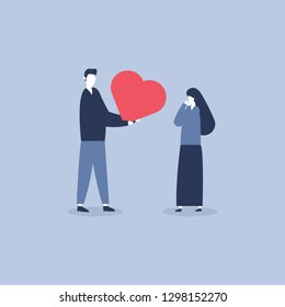 Saint Valentines Day. man sending a red heart to Dear woman. Style Flat, vector - illustration,  i design form isolate you can editable.