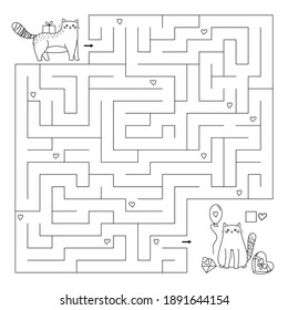 Saint Valentine's day maze game for children. Cute cartoon cats with gifts. Help the kitten collect all hearts. Coloring page. Doodle vector characters.