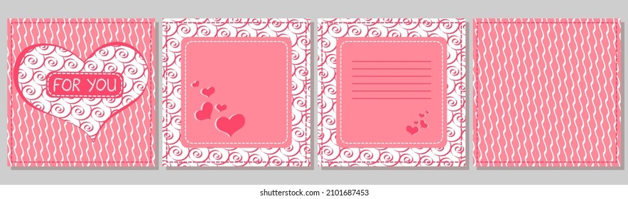 Saint Valentine's day minimalistic greeting card ready design. Square front, back, inside template with heart, frame, place for text, phrase For You. Cute pink and white Valentine day doodle bundle.