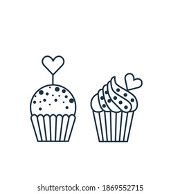 Saint Valentines Day muffin icons in line art. Happy St Valentine cupcake treats. Decorated cakes, bakery and pastry thin line illustration.