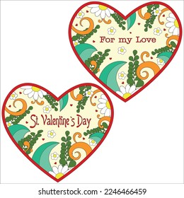 Saint Valentines day ornamental hearts in vector.  Colorful greeting card with flowers