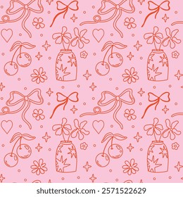 Saint Valentine's Day outline seamless vector pattern design. Cute hand-drawn illustration of different romantic objects bow, cupid, love potion, heart, bouquet of flowers, 14 February concept