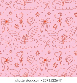 Saint Valentine's Day outline seamless vector pattern design. Cute hand-drawn illustration of different romantic objects bow, cupid, love potion, heart, bouquet of flowers, 14 February concept