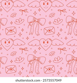 Saint Valentine's Day outline seamless vector pattern design. Cute hand-drawn illustration of different romantic objects bow, cupid, love potion, heart, bouquet of flowers, 14 February concept