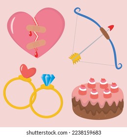 saint valentines day picture set with broken heart, bow with love arrow, two rings and strawberry cake