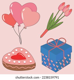 saint valentines day picture set with baloons, bouquet of tulips, cake and love giftbox