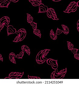 Patrón aleatorio sin fisuras del día de San Valentín. Corazón alado negro y rosado contorno textura interminable. Trato de San Valentín sin fondo. Diseño de la superficie de doodle de neón brillante para papel textil, regalo.