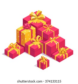 Saint Valentines day red gift boxes with yellow ribbon bows. Pile of bright presents. Flat isometric illustration on white background.