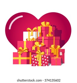 Saint Valentines day red gift boxes with yellow ribbon bows with big here in background. Pile of bright presents. Flat isometric illustration on white.