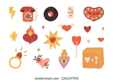 Retro-Clipart-Set von Saint Valentine's Day. Hört mit Dekorationen, mit Feuer und Blumen, Flügel, Schokoladenkasten oder Kissen, Verlobungsring, lollippes Herz, zerbrechliches Paketgeschenk, Schallplatte, Liebestelefon.