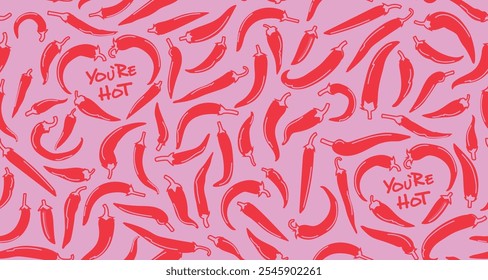 Saint Valentines Day romantic love background. Seamless vector pattern. Red pepper pattern and text “You are hot”. Love motif. Design for wrapping paper, packaging, background, textile, gifts, card.