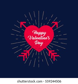 Saint Valentines Day Rough Heart With Arrows on Navy Background. Hipster Style Illustration.