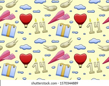 Saint Valentine's Day seamless pattern on yellow backgrond