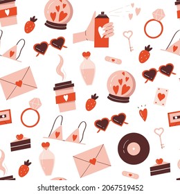 St. Valentinstag nahtloses Muster. Liebe Elemente. Romantische Herzen und andere trendige Objekte. Vektorgrafik im Cartoon-Stil. Einzeln auf weißem Hintergrund.