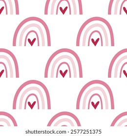 Saint Valentine's Day seamless pattern with pink rainbows and hearts. Background, nursery wallpaper, wrapping paper, fabric. Love print.