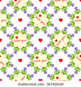 Saint Valentine's day seamless pattern with label "I love you" and flower mandala ornament with hearts. Vector illustration. 