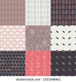 saint valentines day seamless vector pattern collection. fabric , wrapping paper, background, wallpaper design, surface and textile. doodle style. lovebirds, hearts, wings, trees, arrows, love signs