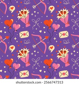 Saint Valentine's Day seamless vector pattern with cute groovy funky cartoon illustration of different romantic objects, coquette bow, arrow, bouquet of flowers, heart, 14 February design concept