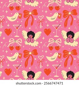 Saint Valentine's Day seamless vector pattern with cute groovy funky cartoon illustration of different romantic objects, coquette bow, cupid, cocktail, heart, letter, 14 February design concept