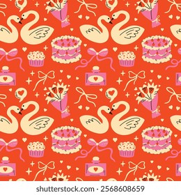 Saint Valentine's Day seamless vector pattern with cute groovy funky cartoon illustration of different romantic objects, coquette bow, swan, love potion, heart, cake, 14 February design concept