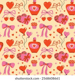 Saint Valentine's Day seamless vector pattern with cute groovy funky cartoon illustration of different romantic objects, coquette bow, love potion, candy, heart ballon design concept