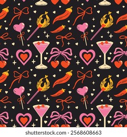 Saint Valentine's Day seamless vector pattern with cute groovy funky cartoon illustration of different romantic objects, coquette bow, cherry, cocktail, heart, 14 February design concept