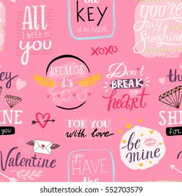 Saint Valentine's day seamless vector pattern with hand written love messages 